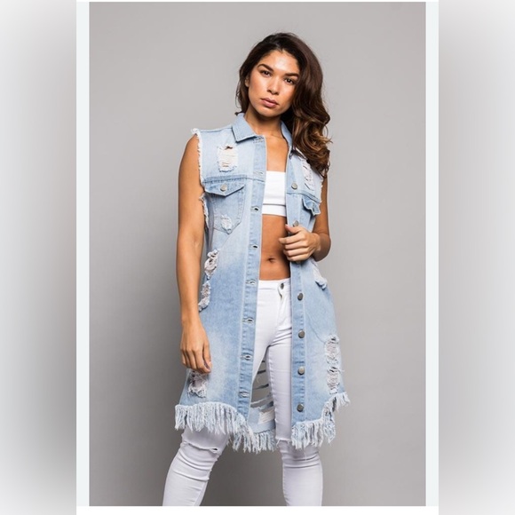 Beat&rhythm Jackets & Blazers - Light Blue Distressed Sleeveless Denim Long Vest with Fringe